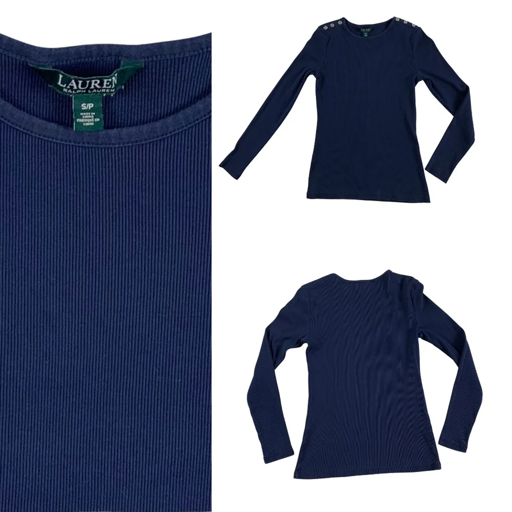 LRL Ribbed Long Sleeve Navy Tee with Logo Button Detail Women S Preppy Academia